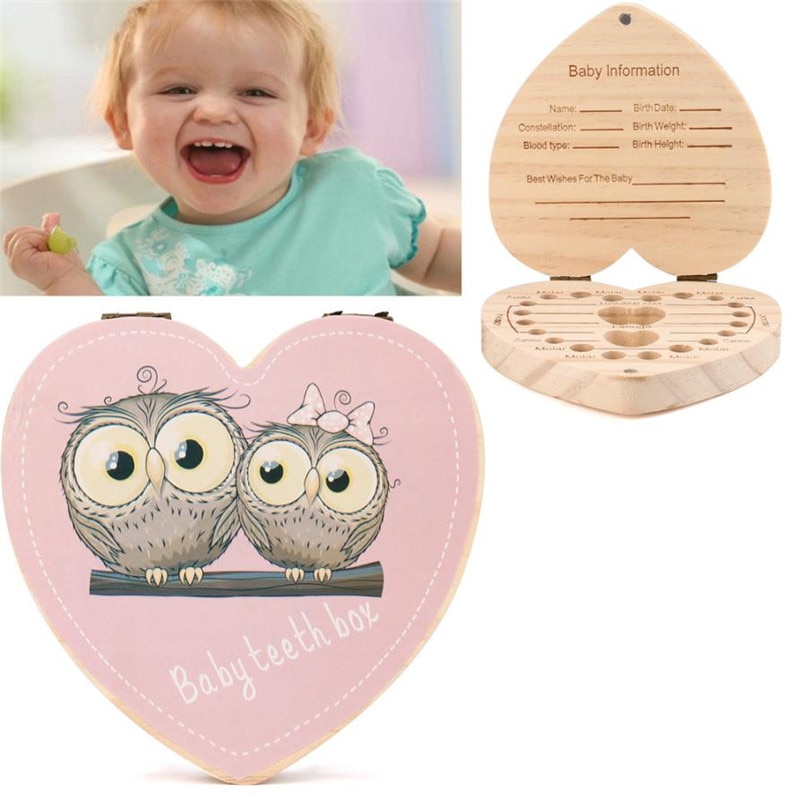 Herz bilden Gefallenen Zahn Kasten Lagerung Englisch Spanisch Text Baby Junge Mädchen Holz fallen Sparen Sie Milch Zähne Sammlung Veranstalter Halfter