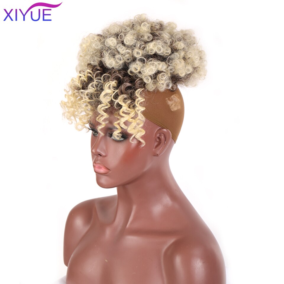 Frange synthétique Afro courte crépue bouclée avec cordon de serrage, Chignon Afro court, queue de cheval crépue bouclée avec frange, Extension capillaire: 4/27HL