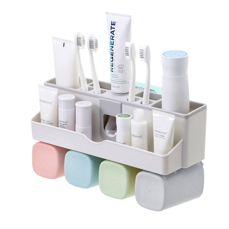 Toothbrush Holder Non Perforated Toothpaste Cup Stand Multi-functional Bathroom Suction Rack Cosmetic Storage Organizer