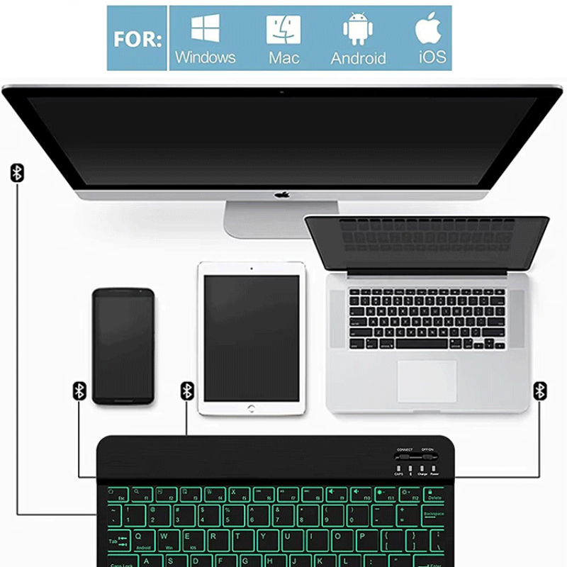 Rgb bluetooth keyboard and mouse set, wireless mini keyboard and mouse set, rechargeable russian keyboards , 25,4 cm,  for ipad tablet
