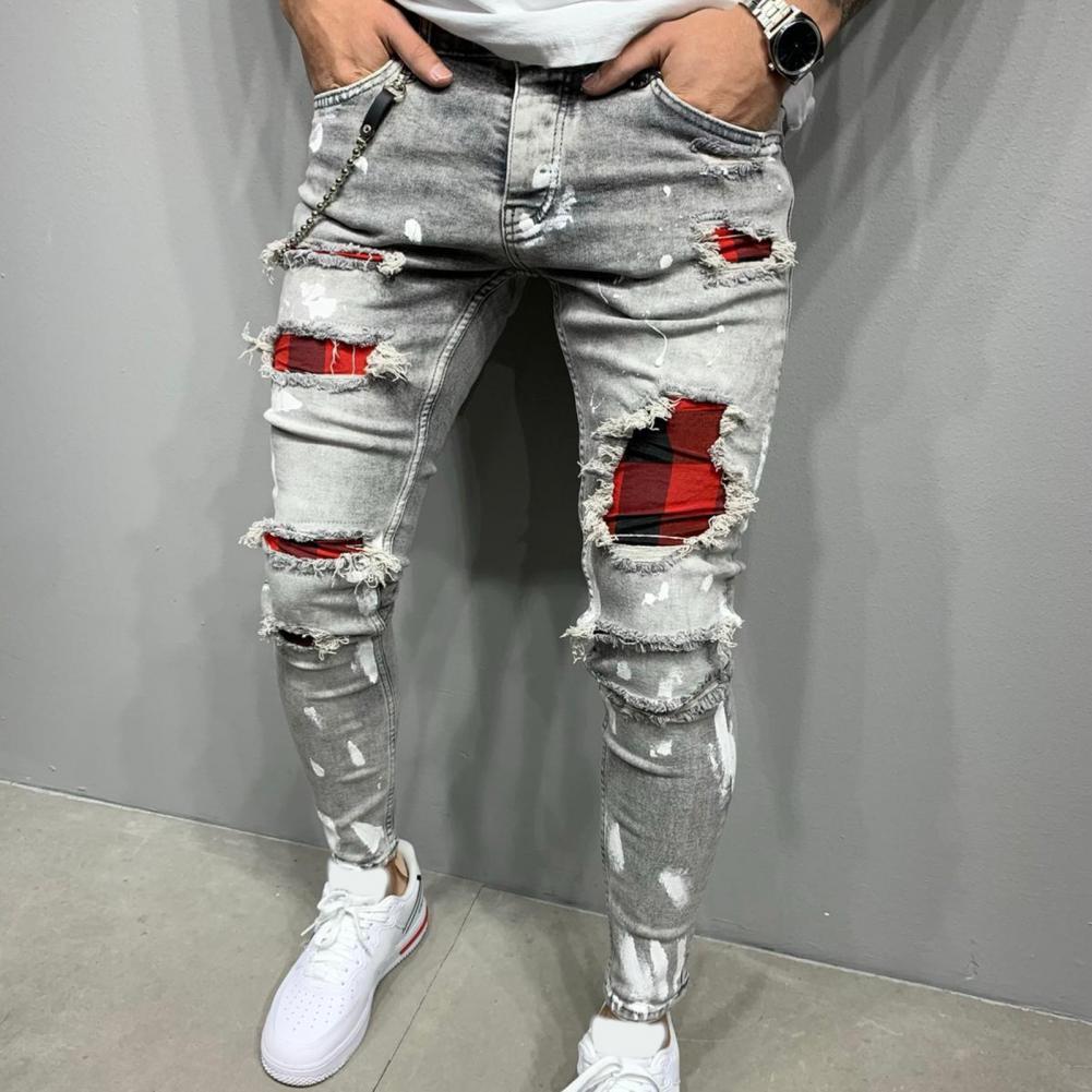 Men Jeans Solid Color Patchwork Skinny Fit Ripped Jeans Stretch Denim Pants Women clothing Streetwear мужские комплекты