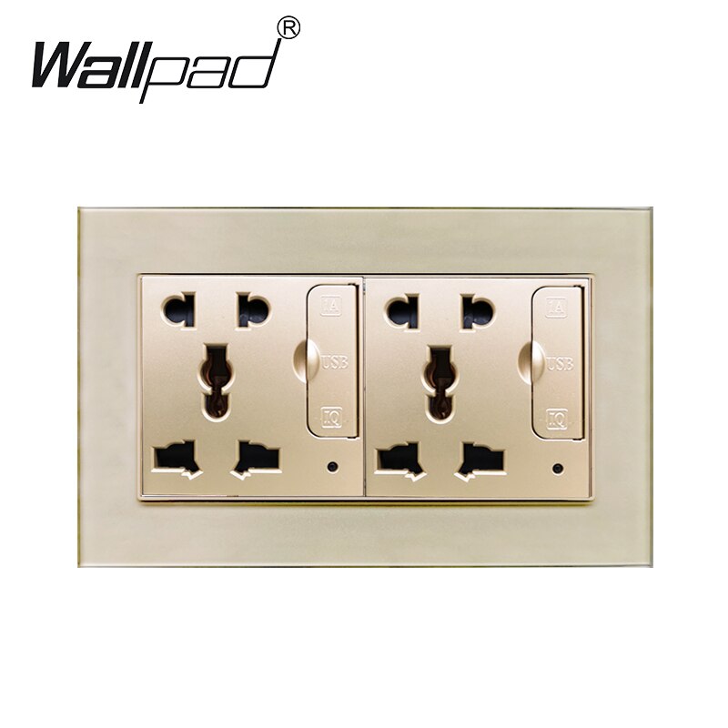 Dubbel 5- pins universeel stopcontact met glazen paneel, wandcontactdoos, 2 usb-oplaadpoorten, universeel stopcontact , 146mm * 86mm