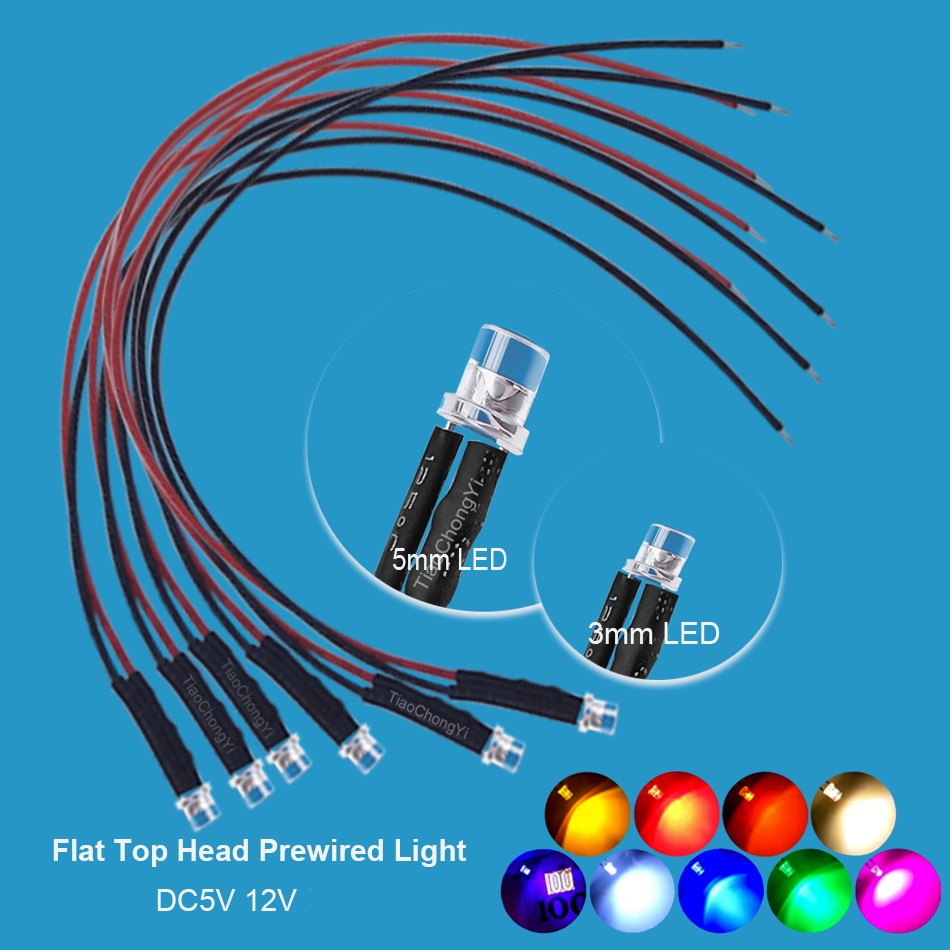 10pcs 3mm 5mm Flat LED DC 5V-12V Pre-Wired Water Clear Leds Red Yellow Blue Green White Orange Pink UV Light Lamp Bulb