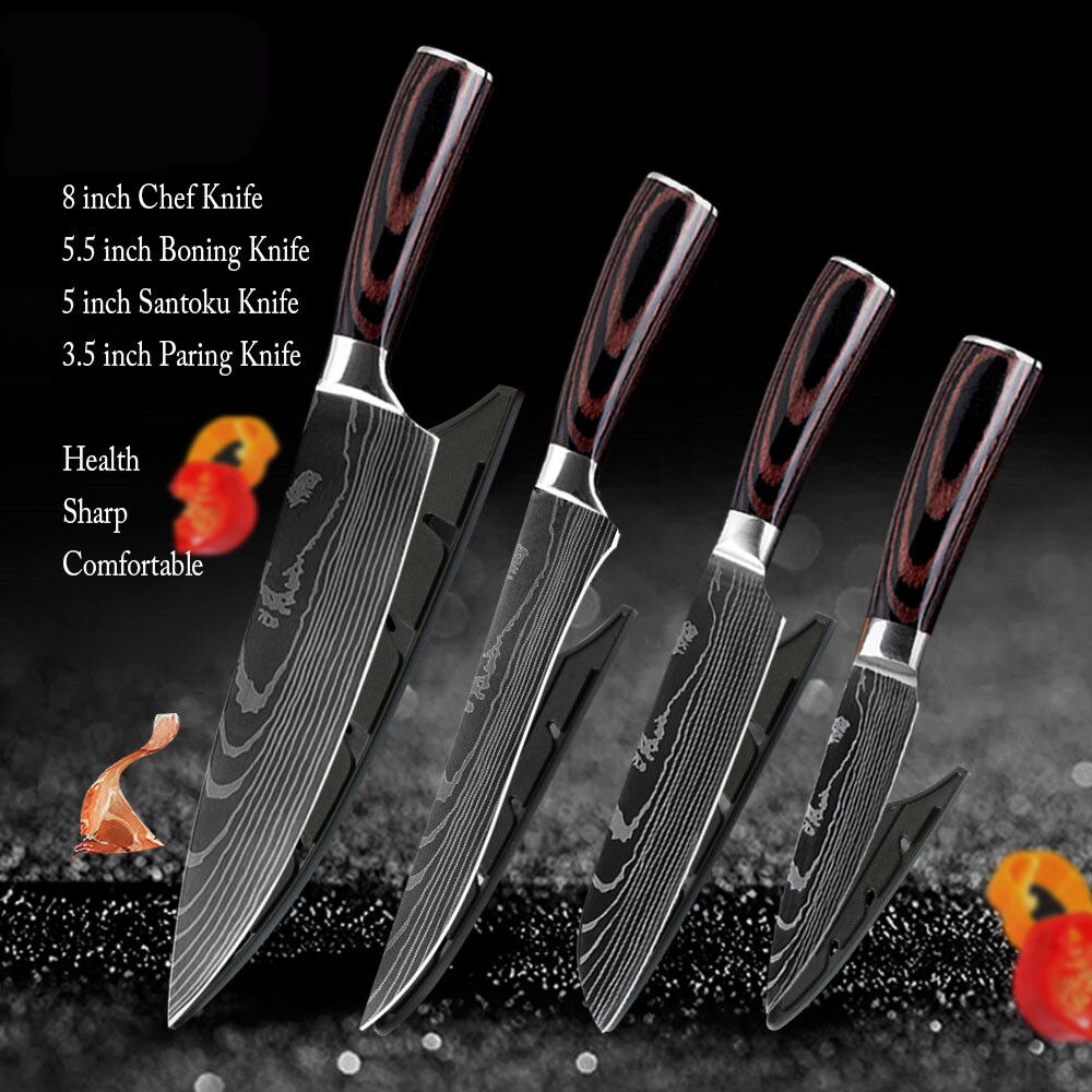 XYj Professionelle Küche Koch Messer Set Japanischen 7CR17 High Carbon Edelstahl Nachahmung Damaskus Muster Kochen Messer Set: 4 Pcs Value set 01