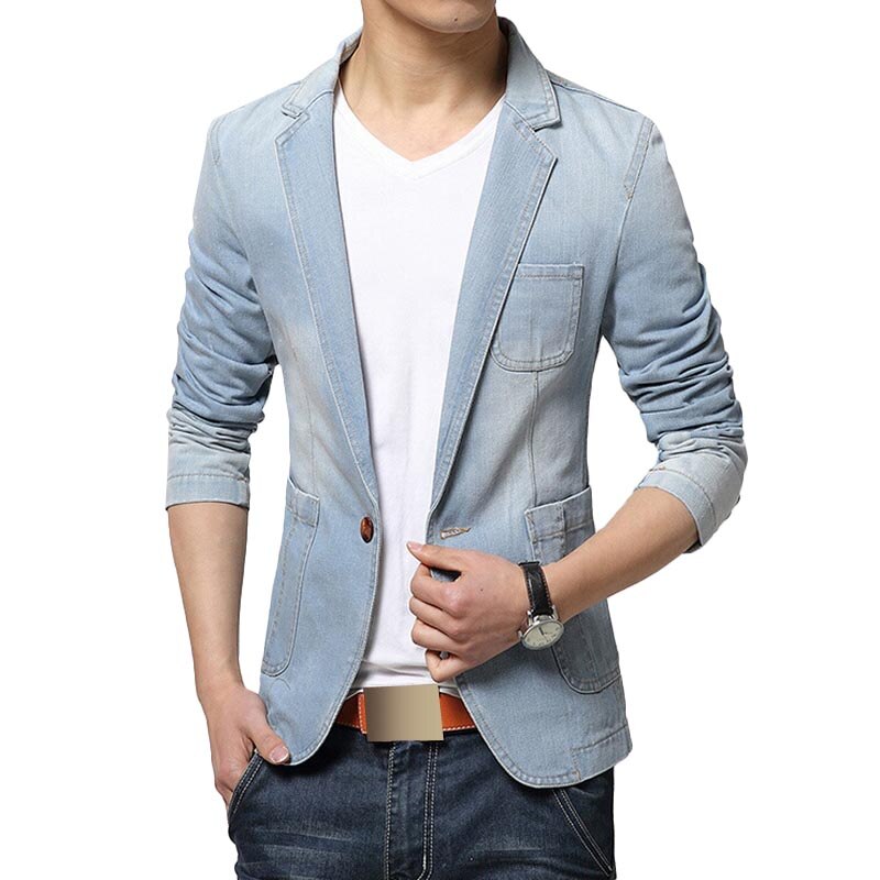 Blazer Men Trend Jeans Suits Men's Casual Suit Jean Jacket Mens Slim Fit Denim Jacket Suit Men Cotton Jackets Costume homme Coat: Light Blue / XXXL