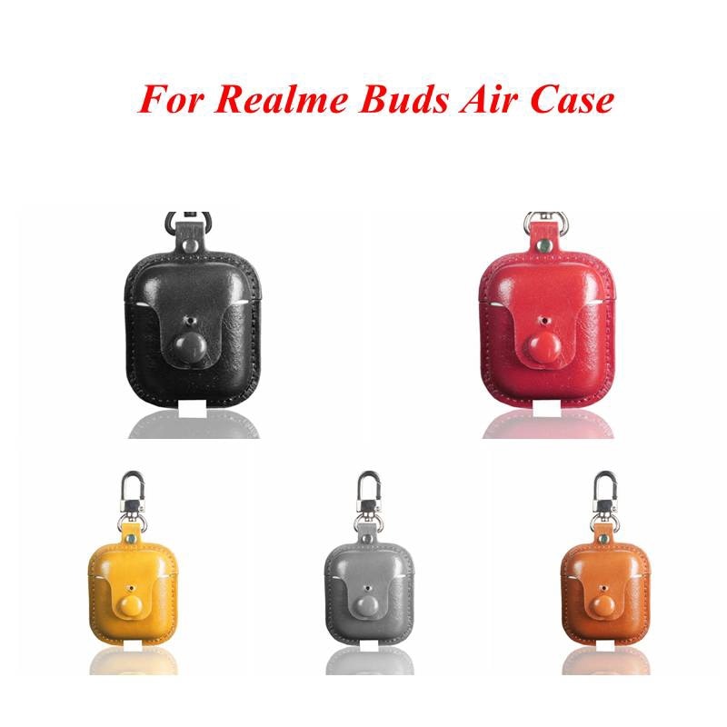 Voor realme buds air case luxe olie huid heldere pu leren hoes met haak