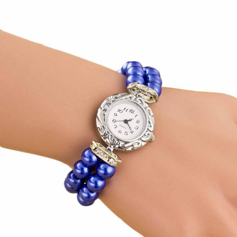 Newly Women Girl's Brand Pearl Beads Quartz Bracelet Watch Gofuly woman watch: Blue