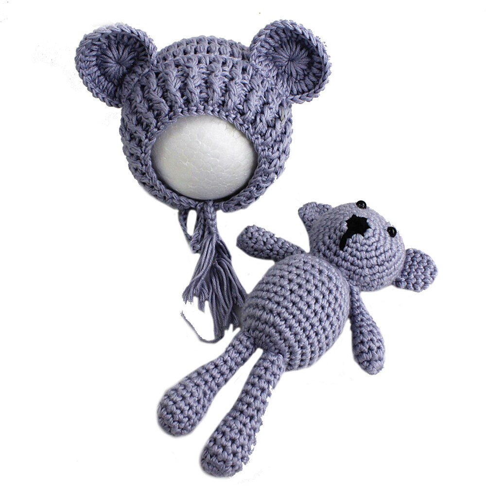 Baby Photography Props Cute Bear + Hat Photograph Set Crochet Bear Hat Cap Costume Photo Props Knit Caps: Gray
