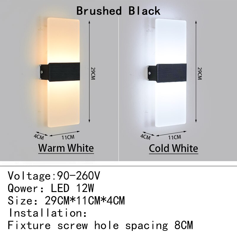 Mini 4/6/12/18W Led Acrylic Wall Lamp AC90-260V Long warm white Bedding Room Living Room Indoor wall lamp Bedroom Modern Simple: Warm White (2700-3500K) / Brushed Black 29CM