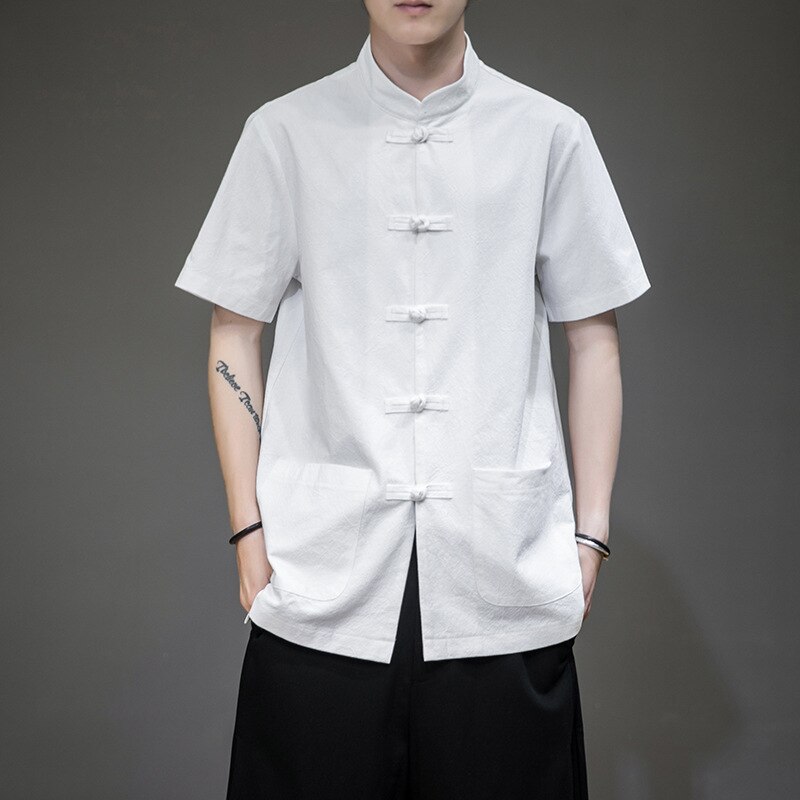 Haut Homme Style Chinois Hanfu/Kung Fu - En Lin-Coton - Manches Courtes Col Y - Neuf Avec Étiquettes