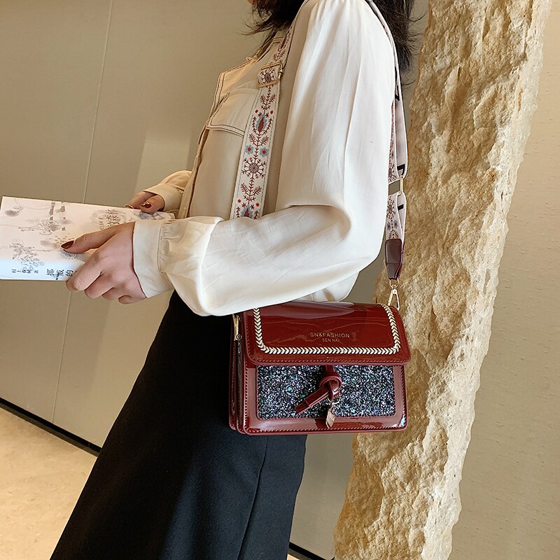 Damväska bred axelrem axelväska messenger bag casual dam crossbody-väska glänsande flik dam handväskor handväska