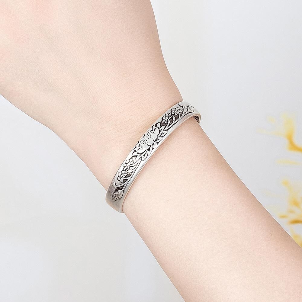 30% Verzilverd Retro Lotus Bloem Dames Bangle Sieraden Voor Vrouwen