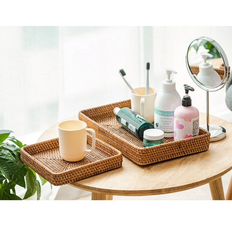 Rattan Storage Basket Rectangular Wicker Hand Woven Fruit Candy Bread Organizer