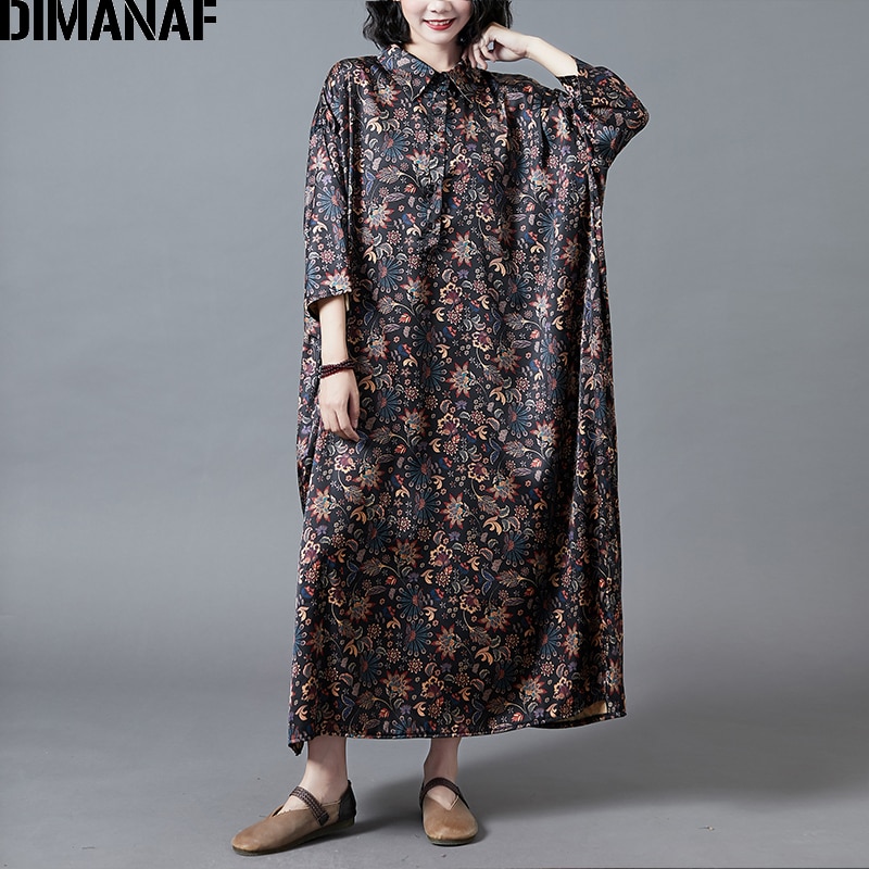 Dimanaf plus size damekjole vintage dame vestidos silke løs afslappet print blomstret maxi kjole 5xl 6xl efterårstøj