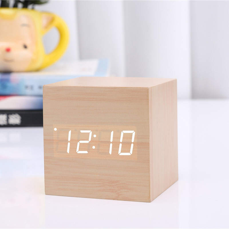 6*6cm Sounds Control Wooden Alarm Clock Modern Wood Digital LED Table Clock Thermometer Date Display Alarm Watch