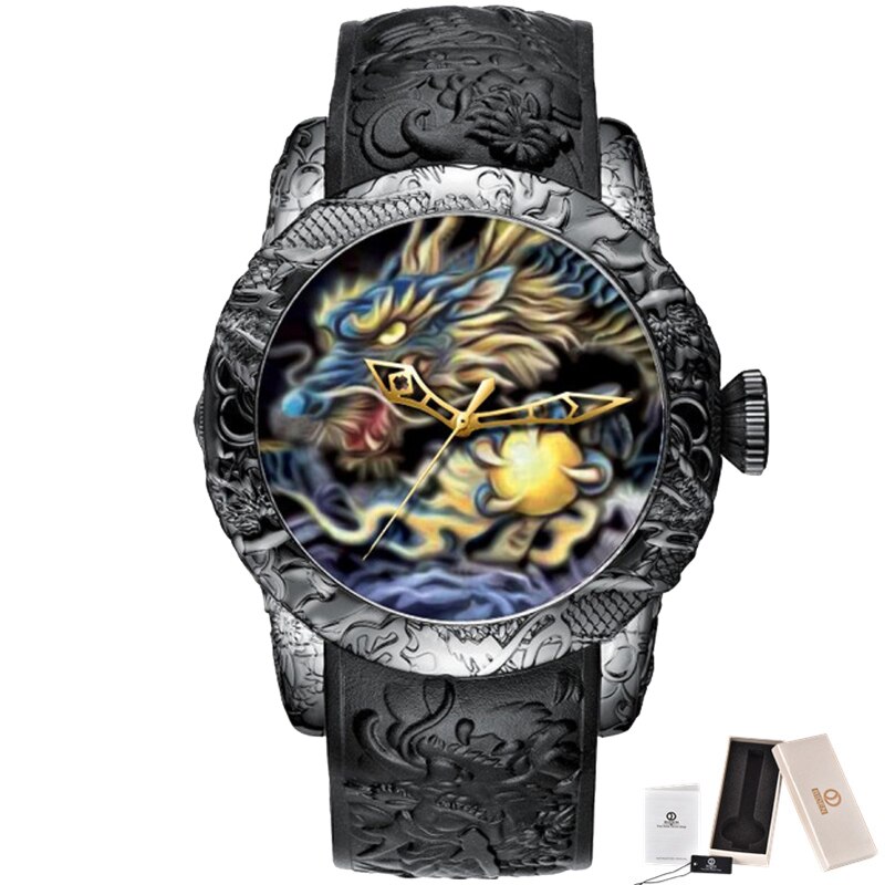 Reloj de cuarzo con escultura de dragón 3D para hombre, cronógrafo de oro negro, resistente al agua, esfera grande, , de pulsera, grabado en 3D: BOX SET 1