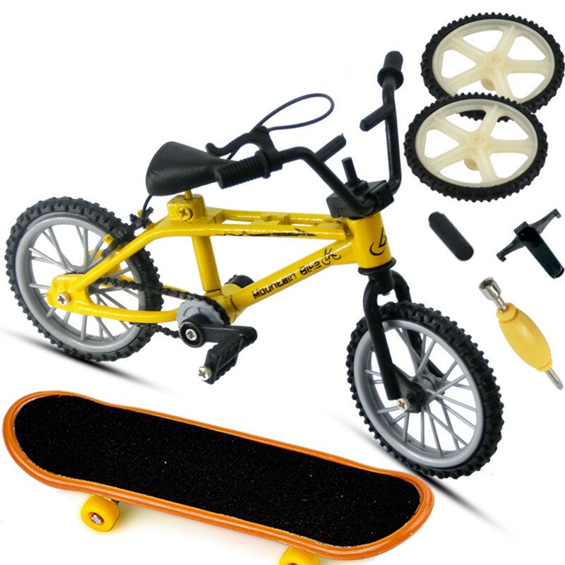 Fingercykel legetøj diy scooter sæt simulering barn legering plast vitalitet bord voksen realistisk dobbeltstang cykel reservehjul legetøj: Gul