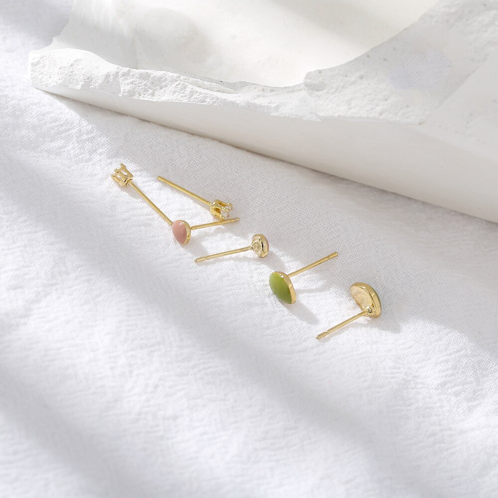 Yhpup Korean Geometric Enamel Small Stud Earrings Set Shiny Cubic Zirconia Earrings Copper Jewelry for Women Wedding