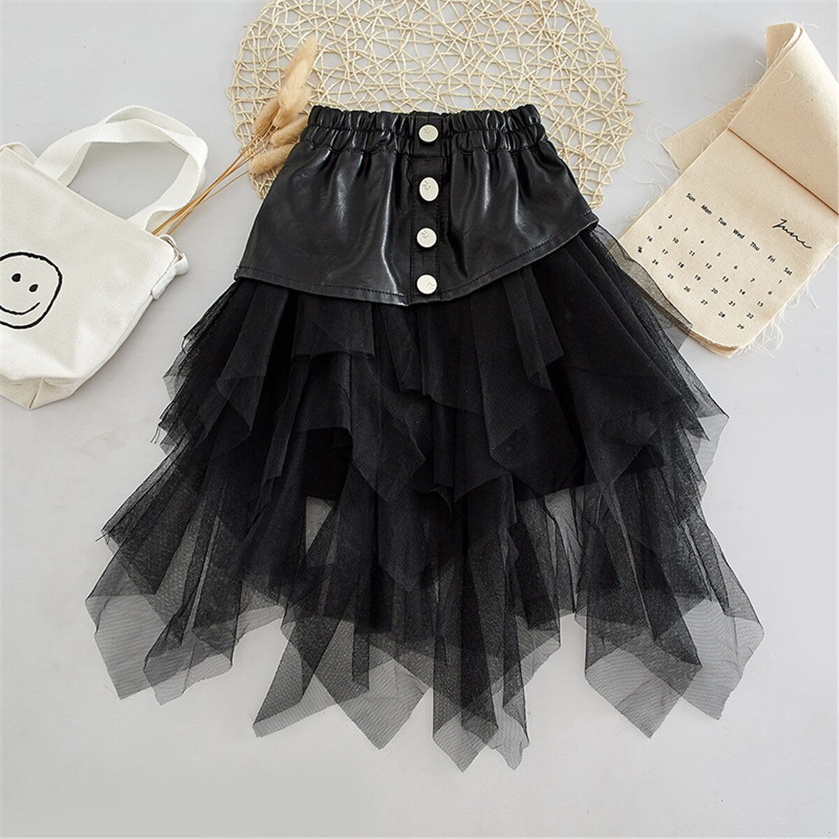 2-8Y Cool Kids Baby Girls Skirts Black PU Button Tulle Patch Tutu Skirt Princess Toddler Party Skirt