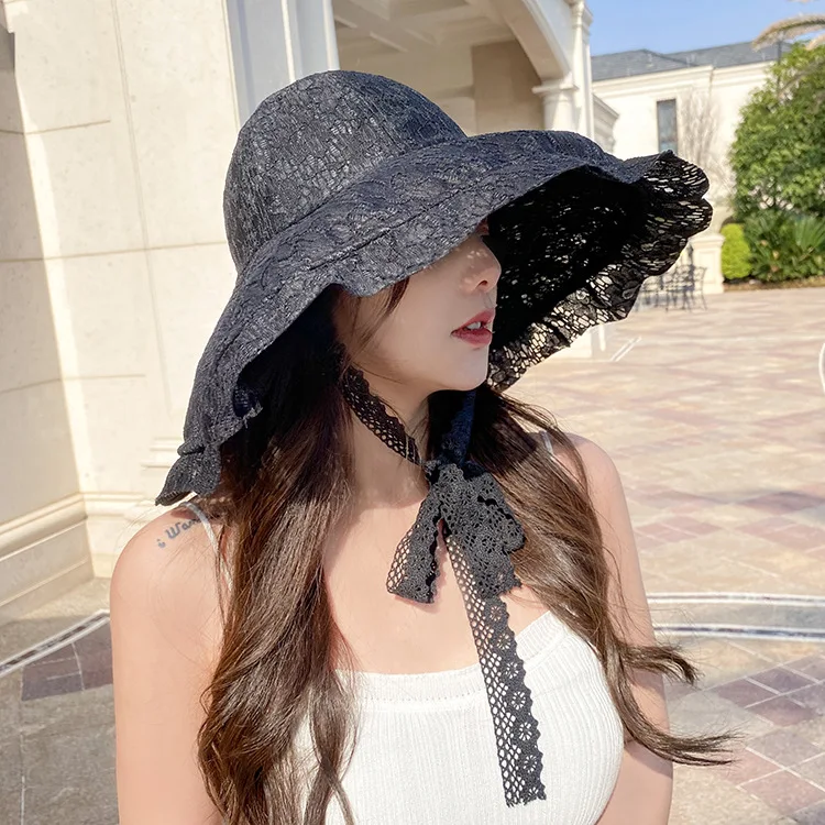 White Lace Sun Hat Summer Hats for Women Bucket Hat Beach Sunhat Large Wide Brim Summer Cap for Women: black