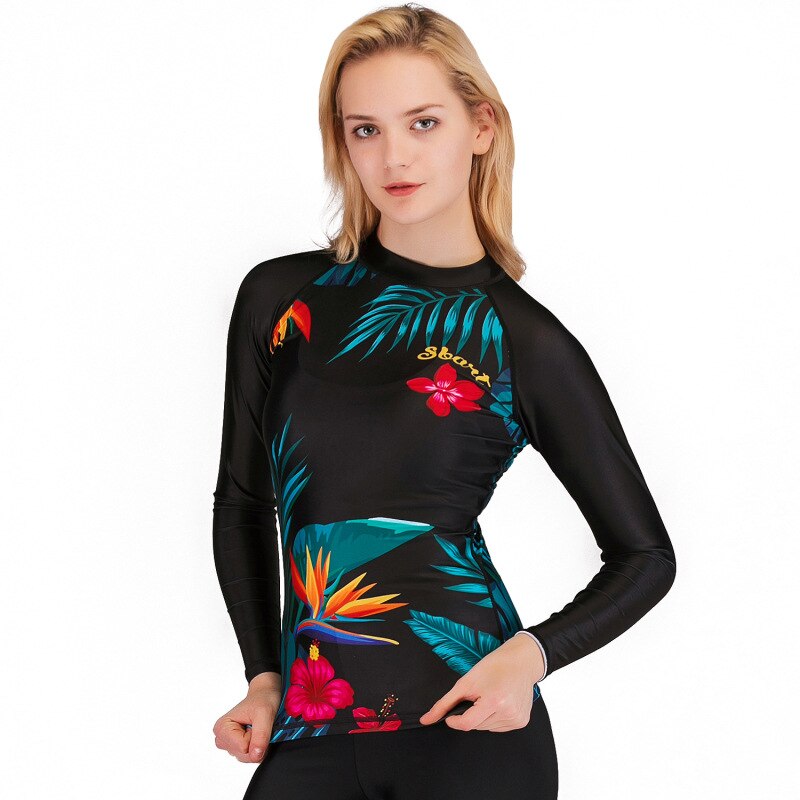 Printed Long Sleeves Rash Guards Women Swimwear Swimming T Shirts Surfing Tops Beach Bathing Sutis Swimsuits EO