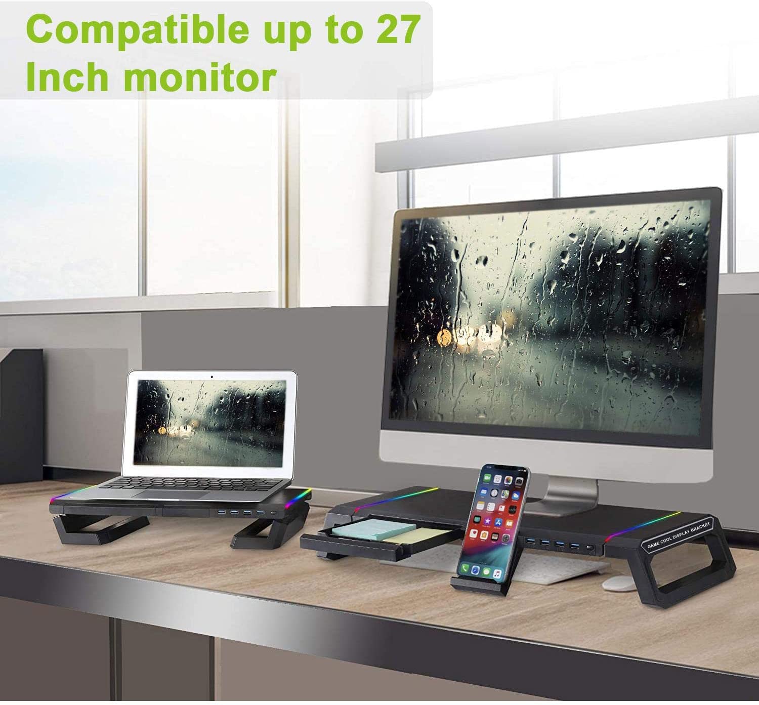 Monitor Stand Riser Foldable, RGB Computer Monitor Riser with 4Pcs USB Port, with Cell Phone Holder