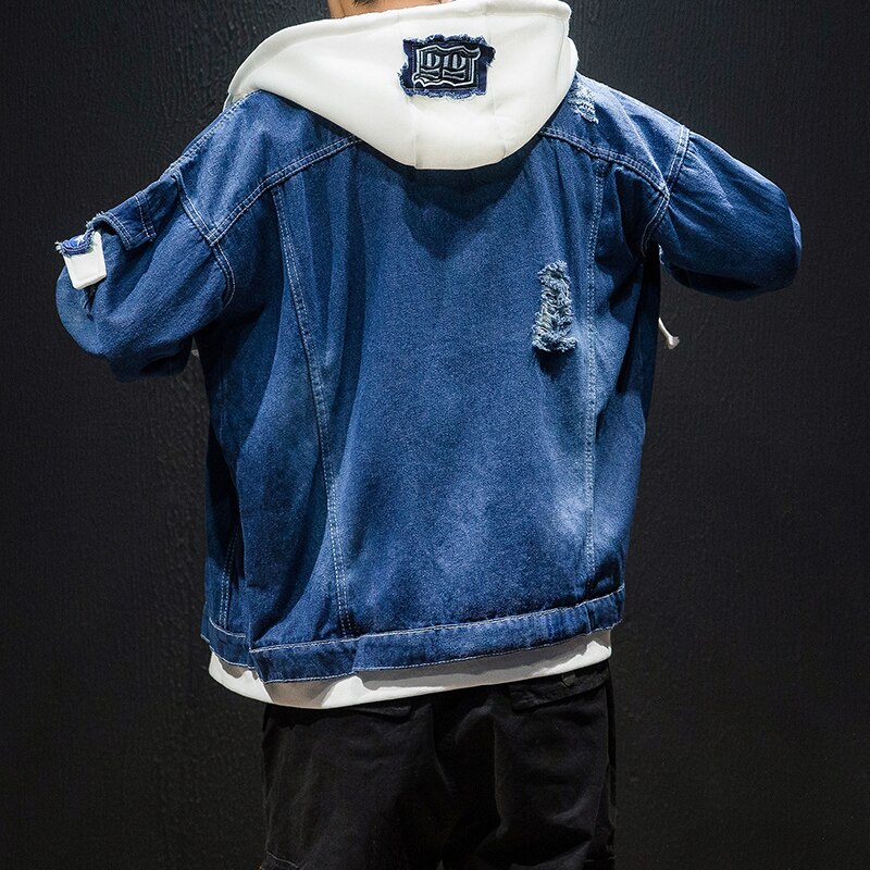 Herre denim jakker herre forår casual løst hul moto&biker denim frakker bomuld patchwork cowboy jakker