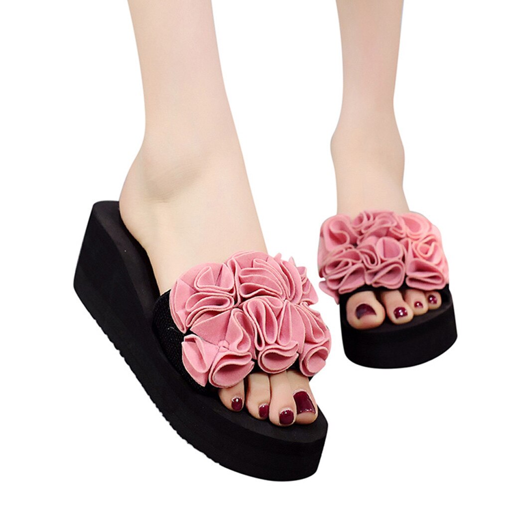 Bohemian Style Flower Thick Soles Slippers Summer Sandalias Non-slip Beach Shoes Home Wedges Slippers Women Zapatos De Mujer: Pink / 40