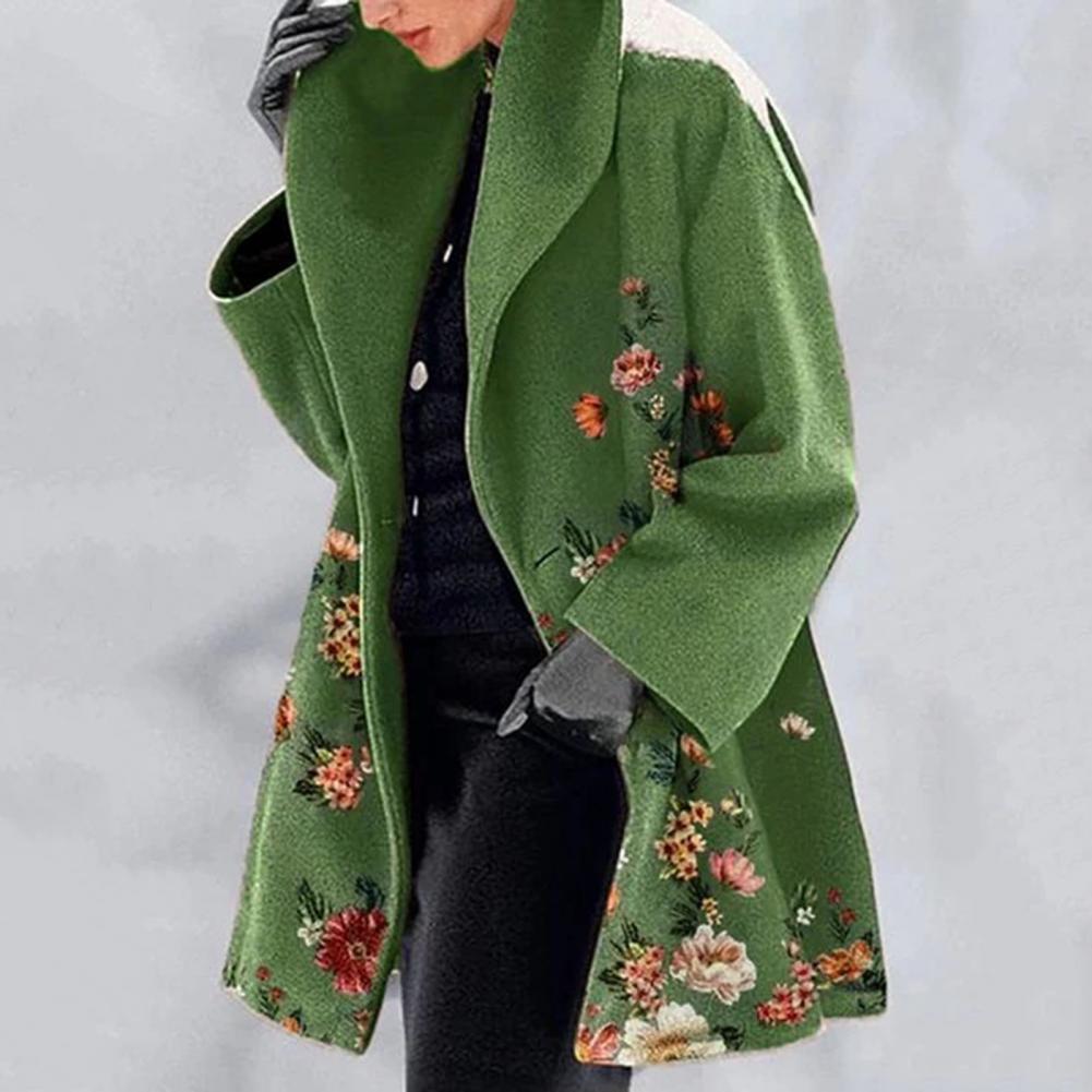 Spring Jacket Flower Print Women's Fall Winter Overcoat with Turn-down Collar Plus Size Mid Length Loose Thick Warm Long