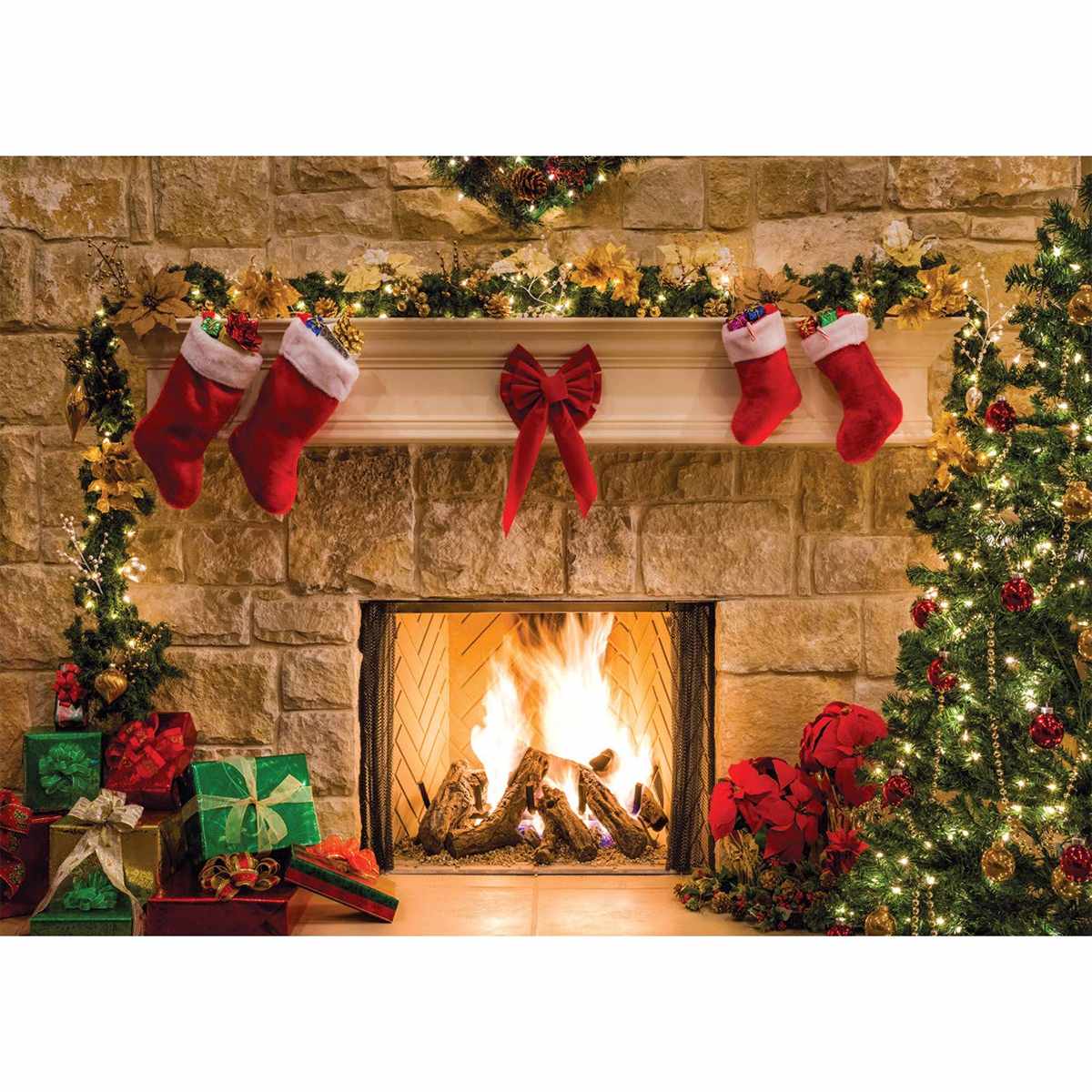 Christmas Theme Tree Sock Fireplace Party Photography Backdrop for Pictures Decorations Background Photo Studio Props: 1 / 150X100CM