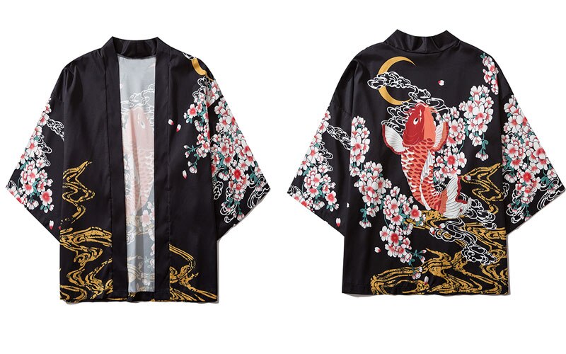 Gonthwid kimono neuletakki takit paidat miesten karppi kala koi kirsikankukkia print japanilainen avoin etupaita causal yukata topit: Xxl