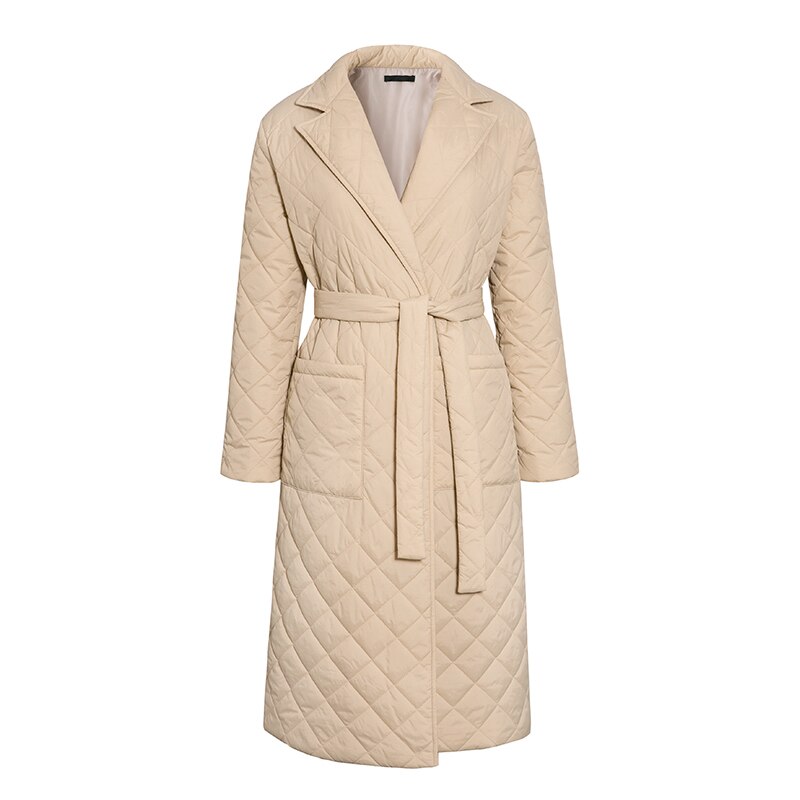 LUZUZI-abrigo largo argyle para mujer, parkas finas con cuello, abrigo con cinturón, abrigo a cuadros para invierno: Beige / L