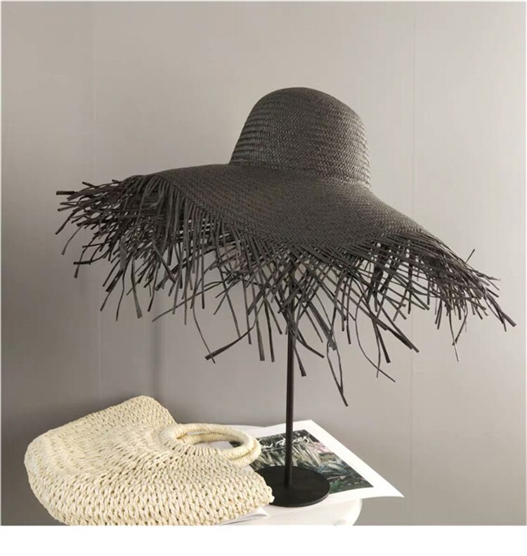 Sombreros de paja de ala grande para mujer, gorros de playa, de verano: Black