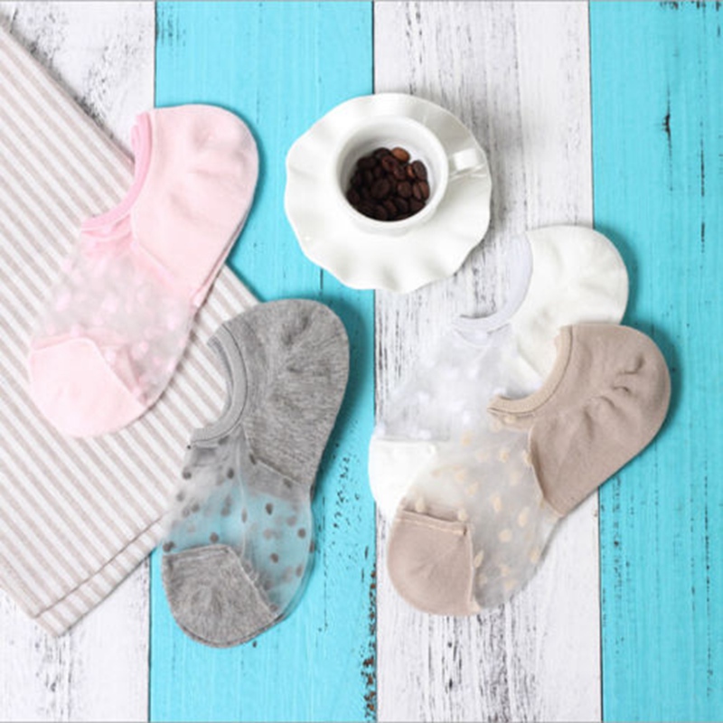 Women Lace Socks Crystal Glass Silk Knit Girl Dot Print Transparent Summer Invisible Sock Slippers
