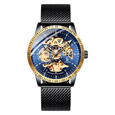 Ik färglägg herrklockor mesh flätat band i rostfritt stål automatisk mekanisk manlig klocka skelett steampunk relogio masculino: E5