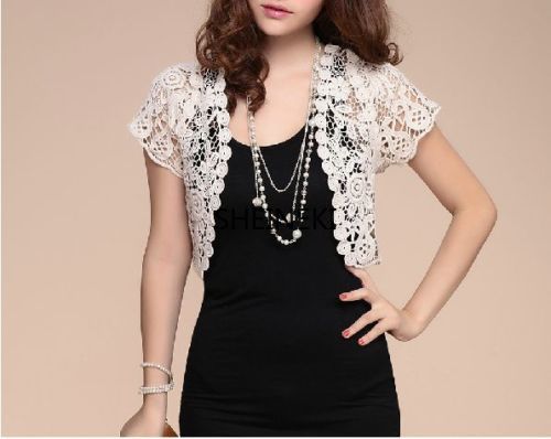 Blanco negro albaricoque mujeres de manga corta Bolero de encaje, Boda nupcial, chaqueta de verano capa chal capa