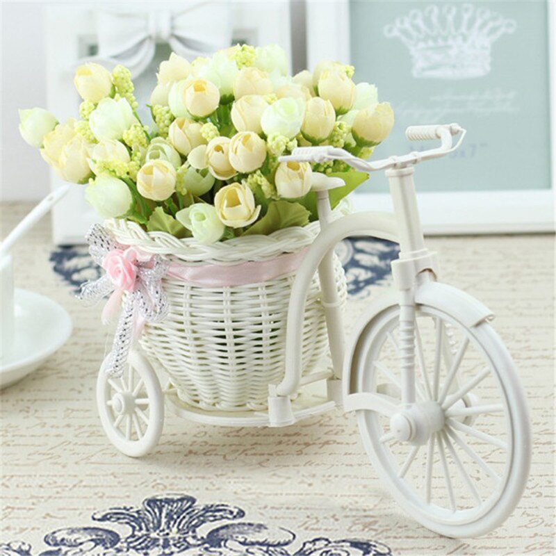 Rotting cykel vas med siden blommor färgglada mini ros blomma bukett tusensköna konstgjorda blommor för hem bröllop dekoration: A04