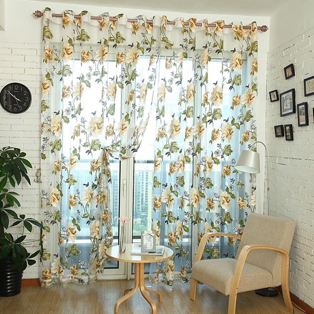 1pc blomstrede tylgardiner til stuen lilla gennemsigtige gardiner til børn soveværelsesdør korte køkkenvindue gardiner børnegardiner: Beige / 100 x 250xm
