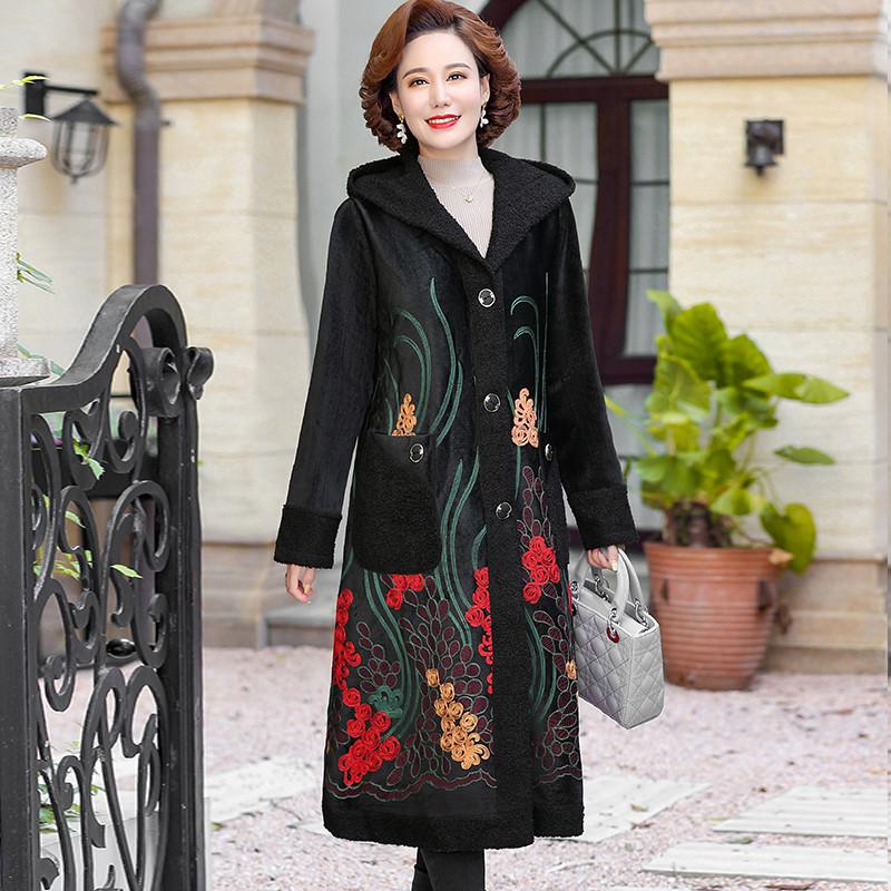 Gabardina larga con capucha para mujer, chaqueta gruesa de felpa aterciopelada con bordado de flores, estilo retro, otoño e invierno,: 1 / XXXL