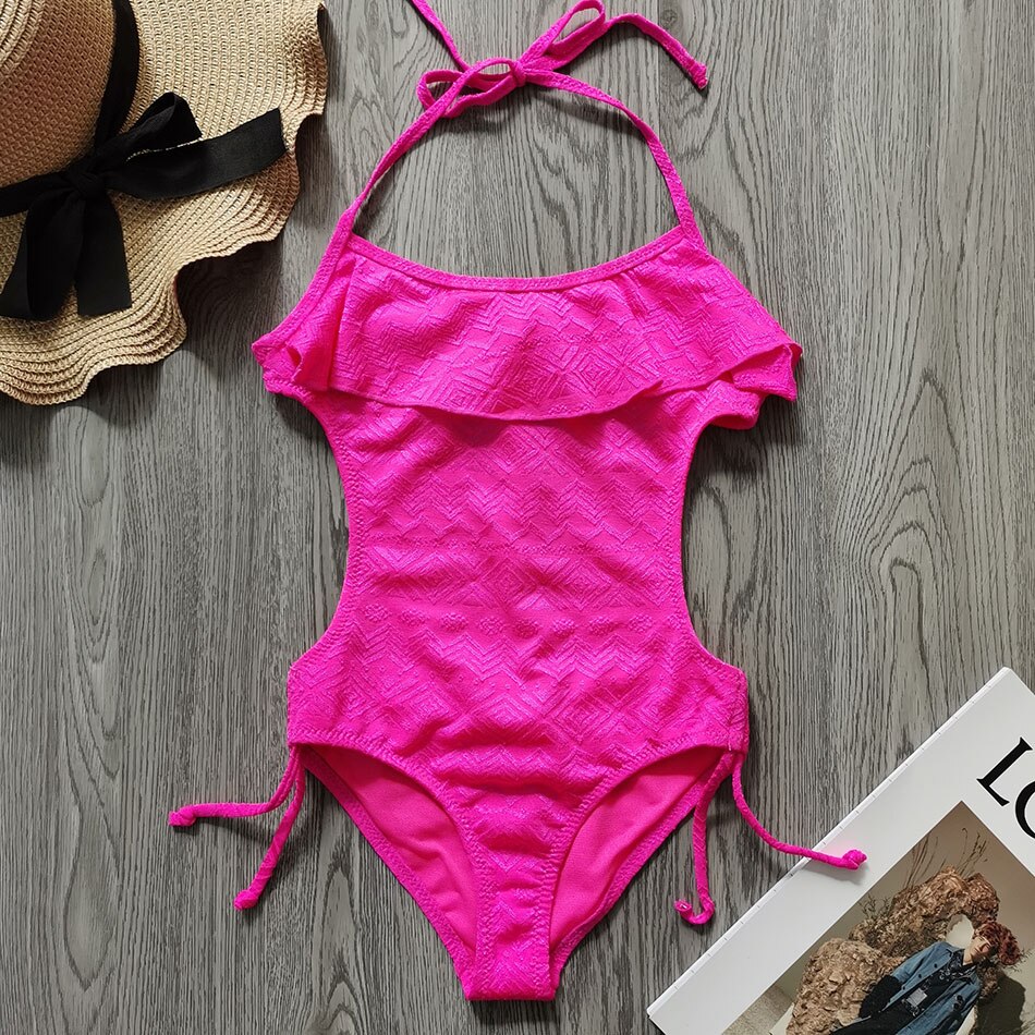 2-8 Years Girl Swimsuit One Piece Children's Swimwear Halter Top Toddler Girls Bathing Suit Monokini Flounce Swimming Suit