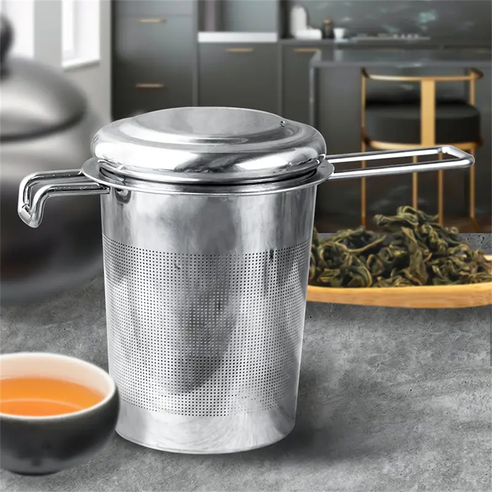 Filtro de té de acero inoxidable Premium, mango plegable extendido, escurridor de té suelto con tapa, colador de té multiusos antiescaldaduras, 1 ud.