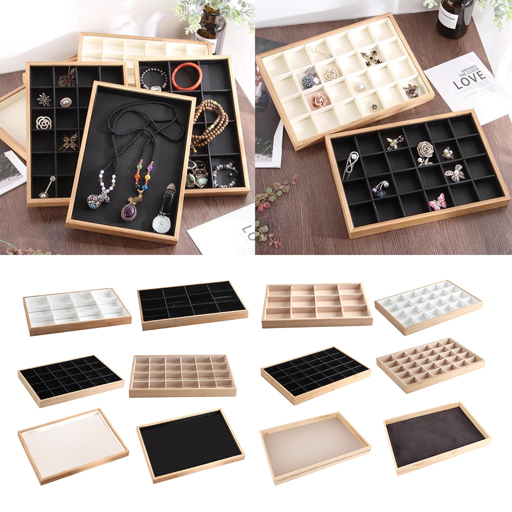 Premium Bamboo Wood Stackable Jewelry Tray Showcase Display Organizer, 12 24Grid Jewelry Holder Box earring show case