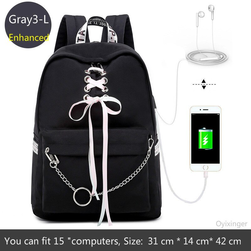 Girl Schoolbag Female Students Laptop Backpack Kids School Bags For Teenage Girls Women Gray Backpacks Mochila Escolar: Black3-L