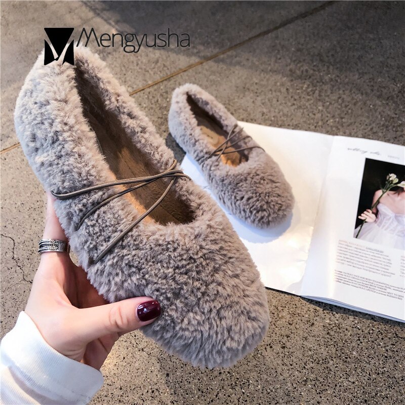 Lambswool furry ballerina ballet shoes women solid color loafers round toe moccasins cross elastic band flats curly fur shoes