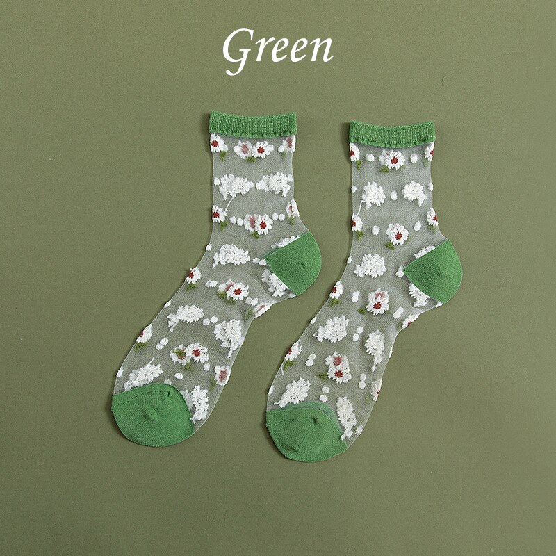 7 Colors Daisy Cartoon Sock Women Summer Sweet Polyester Breathable Cute Cartoon Street Snap Socking One Size: Green