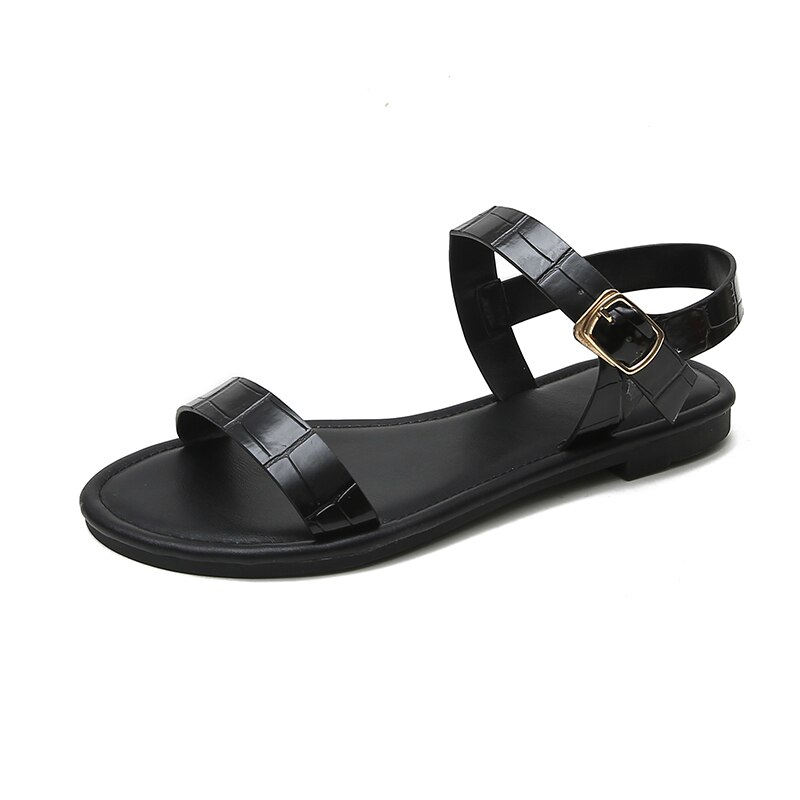Gdgydh flade sandaler åben tå ankelrem spænder kvinder sko sommer kvindelige sandaler slangeskind blødt lædersandaler sort: Sorte sko / 7