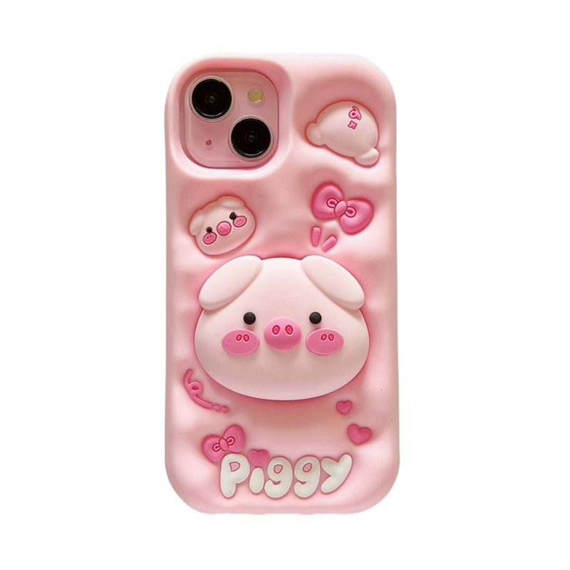 Leuke Grappige Varken Piggy Telescopische Beugel Case Voor iPhone 15 Pro Max 14 13 11 12 3D Roze Siliconen standhouder Achterkant: Voor iPhone 12