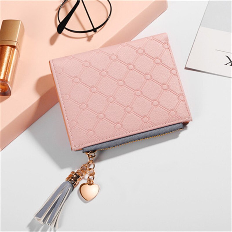 DEABOLAR Brand Sweet Women's Tassel Mini Zipper Wallet Pink Hasp Slim Card Holder Purse for Women