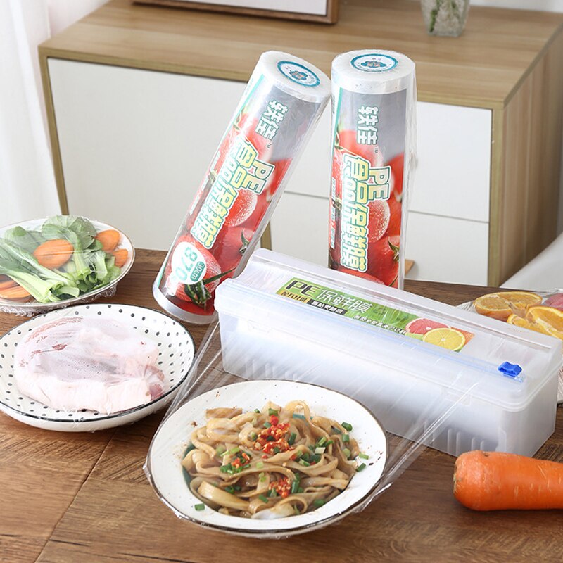Alimentos de cozinha clingfilm cortador plástico caixa de corte ajustável cling film cortador preservação folha caixa de armazenamento com fundo sucção