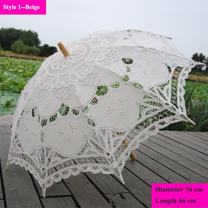 Handgemachte Stickerei Spitze Sonnenschirm Regenschirm Frauen Hochzeit Braut Foto Weiß Baumwolle Holz Griff Dekoration Regenschirm: Stil 1--Beige
